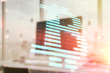Poster - Creative Bitcoin concept with modern computer background. Double exposure