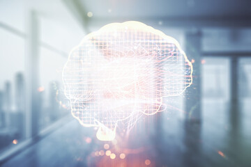 Poster - Virtual creative artificial Intelligence hologram with human brain sketch on empty corporate office background. Multiexposure