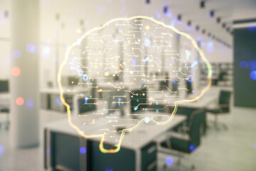 Poster - Double exposure of creative artificial Intelligence interface on modern corporate office background. Neural networks and machine learning concept