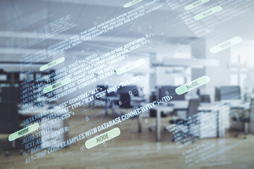 Aufkleber - Multi exposure of abstract programming language hologram on a modern furnished office interior background, artificial intelligence and machine learning concept