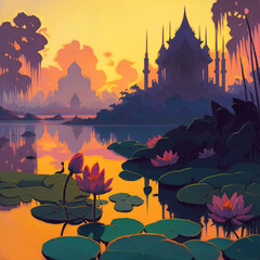 illustration lotus lake in the fog at dawn