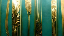 Wallpaper Art Deco Symetrical Filagree Gold Clockwork Banana Leaves Dark Teal Intricate Details 