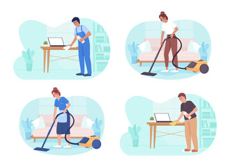 Poster - Cleaning dust at home service 2D vector isolated illustration set. Staff vacuuming, wiping surface flat characters on cartoon background. Colorful editable scene pack for mobile, website, presentation
