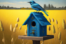 Blue Painted Wooden Birdhouse On Stand In Field With Gr
