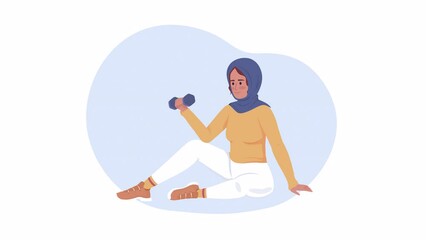 Poster - Animated head covered girl training. Women-only gym. Looped flat 2D character 4K video footage. Color isolated animation on white background with alpha channel transparency for website, social media