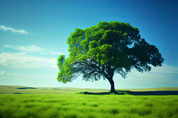 Green field, tree and blue sky.Great as a background