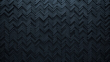 Semigloss, Polished Wall Background With Tiles. Black, Tile Wallpaper With Herringbone, 3D Blocks. 3D Render