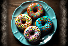 Sweet Delicious Donuts With Multi-colored Glaze In Plate