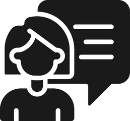 Poster - Talking woman with speech bubble black glyph icon. Female person thinking. Communication visual symbol. Silhouette symbol on white space. Solid pictogram. Vector isolated illustration