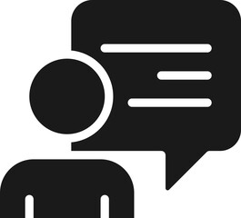 Poster - Speech balloon near talking person black glyph icon. Communication process visualisation. Character thoughts. Silhouette symbol on white space. Solid pictogram. Vector isolated illustration