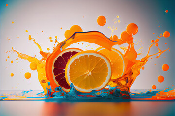 Colorful orange slices splashing in a water, abstract fluid exploding creativity, crazy background with splashes, multicolor liquid effect. 