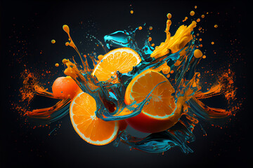 Colorful orange slices splashing in a water, abstract fluid exploding creativity, crazy background with splashes, multicolor liquid effect. 