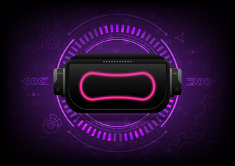 Fototapete - Abstract hi-tech background VR glasses 3D pink glowing curves in the center of the screen bright tech circles and grid below. with cog and elements purple gradient background