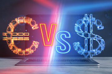 Aufkleber - Glowing euro hologram versus dollar on blurry laptop computer background. Competition, battle and macth concept. Double exposure.