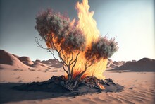 Burning Thornbush In The Desert. Generative AI.