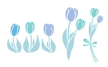シンプルな春のお花のチューリップの花束イラストセット_ベクター素材_寒色青色_透過PNG