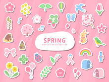 春のシンプルなイラストアイコンセット / シール / 桜、花、自然、植物、動物