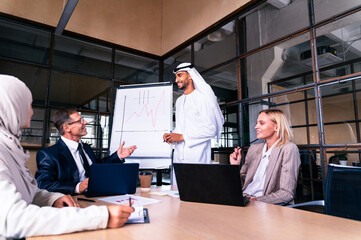 Wall Mural - Multiracial group of corporate businesspeople working in a business office - Multiethnic businessmen and businesswomen meeting in the office in Dubai, UAE