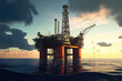Industrial oil rig on calm ocean at sunset as energy concept (Generative AI)