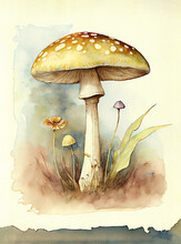 Mushroom As Vintage Watercolor Illustration Design (Generative AI)