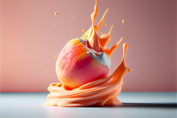 Wall Mural - Peach, flying Peach colored yogurt around it, majestic, authentic colors, perfect color graded