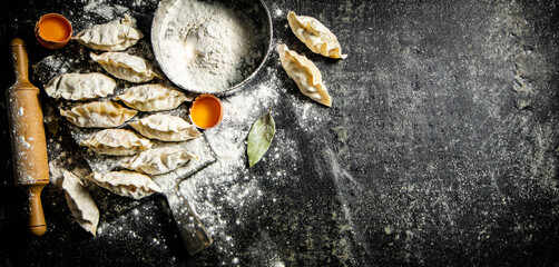 Sticker - Raw dumplings gyoza on a cutting board with flour and rolling pin. 