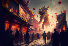 Chinese Dragon In The Sky Above Chinatown With Crowd People Background. Oriental Culture Traditional And Asian Festival Concept. Generative AI