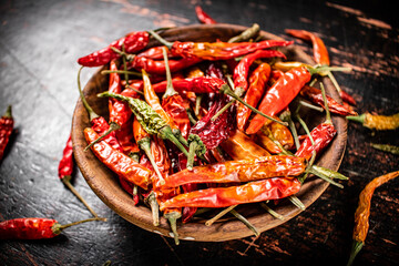 Canvas Print - Wooden plate with dried chili peppers. 