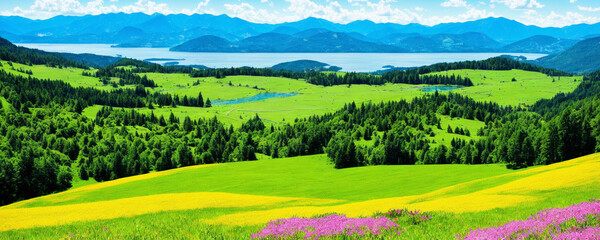 Wall Mural - landscape with green field