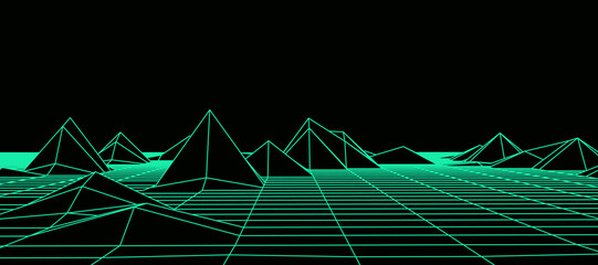 Digital wireframe landscape. Wireframe terrain polygon landscape design. Digital cyberspace in mountains with valleys. Vector illustration.