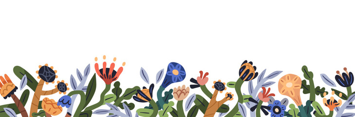 Fototapete - Naive spring flower border. Abstract floral banner design with primitive whimsical creative plants decoration. Modern contemporary botanical card. Flat vector illustration isolated on white background