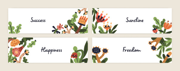 Poster - Floral banners set. Spring backgrounds designs with primitive fancy stylized plants, abstract naive garden. Horizontal whimsical botanical cards with fairytale blooms. Modern flat vector illustrations