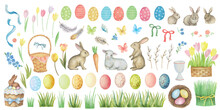 Watercolor Vector Set Of Easter Elements, Eggs, Rabbits, Baskets, Flowers, Butterflies, Flowers, Green Grass.