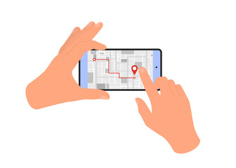 Wall Mural - Hands holding smartphone with map navigation. Mobile GPS navigation and tracking concept. Flat vector illustration.
