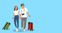 Happy Young Couple Being Ready To Go For Their Holidays With Colorful Suitcases Isolated On Blue Background With Copy Space