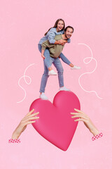 Sticker - Vertical collage image of arms hold big heart two mini people piggyback have fun isolated on creative pink background