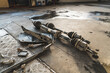 Close shot of car drive shafts lying on the floor. Repair shop concept. High quality photo
