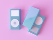Blue metallic Aluminium MP3 Player with white round button isolated on pink background top view. Three music players. Simple White button MP3 Device 3d render illustration. Compact mp3 player