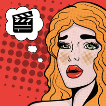 Comix Cartoon Ginger Lady In Pop Art Style Dreaming About Actress Career. Hand-drawn Vector Illustration In Retro Style.