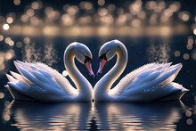 Swans On The Lake. Couple Of Loving  Swans. Valentine Swans. Post-processed Generative AI