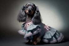 Dachshund вog Wearing A Vintage Dress. Pet Portrait In Clothing. Dog Fashion. Post-processed Generative AI
