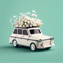 Cute White Toy Car With Flowers On Top, Generativ Ai