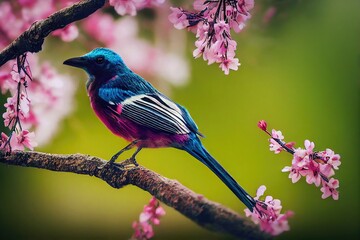 Wall Mural - Beautiful spring birds in a flowering tree Generative AI