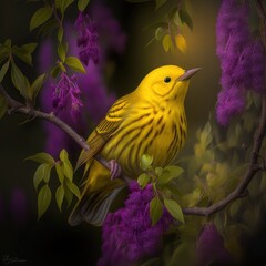 Wall Mural - Beautiful Yellow warbler in a purple flowering tree Generative AI