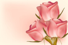 Three Pink Roses On A Light Background With Copy Space. Concept For Valentine's Day, Birthday, Mother's Day, Women's Day. Universal Holiday Background. Vector Image