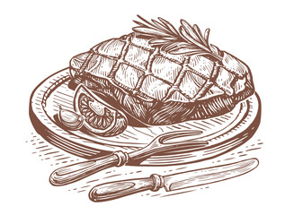 Meat for BBQ. Hand drawn sketch engraved illustration. Fresh farm organic food for barbecue or grill