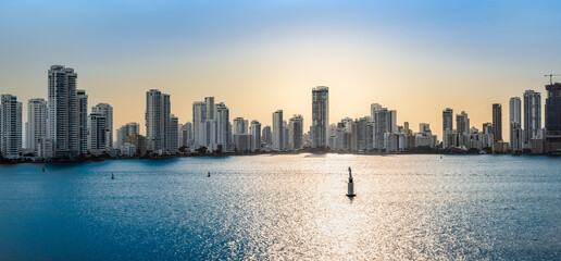 Wall Mural - Cartagena city skyline at sunset. Bocagrande district, wealthy neighborhood in Cartagena Colombia.