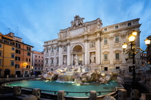 Amazing Panoramic View With No People Of Famous  Rome Trevi Fountain (Fontana Di Trevi) In Blue Hour Before Sunrise, Rome, Italy.