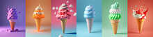 Ice Cream Banner In A Waffle Cone In Different Colors, Purple, Red, Pink, Green, Blue. Sweet Food And Space For Text, Creative Design. Generative AI