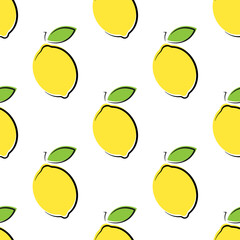 Wall Mural - Lemons vector seamless pattern. Doodle elements on white background. Best for textile, wallpapers, home decoration, wrapping paper, package and web design.